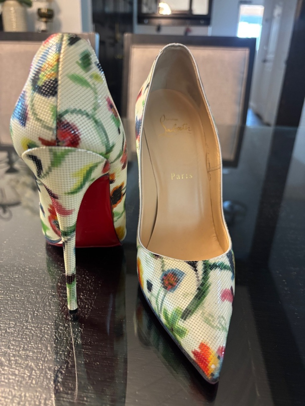 Christian Louboutin White Floral Pointed-Toe Stiletto Pumps